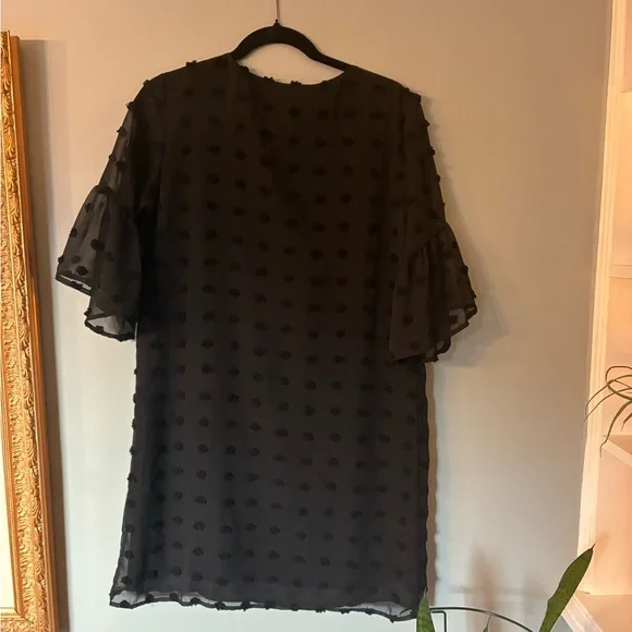Blooming Jelly Black Polka Dot Chiffon Shift Dress V-Neck Ruffle Lined Sz M - Picture 6 of 8